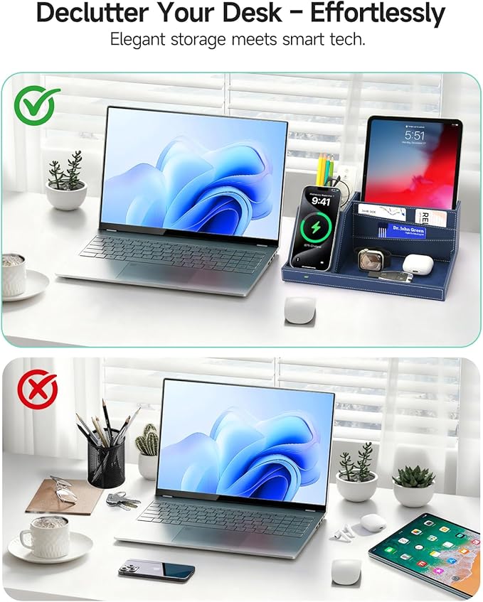 Desk Organizer with Charging Station, Nightstand Organizer Phone Docking Station, Men Gift Husband Wife Anniversary Dad Birthday Nightstand Purse Father Graduation Male Travel Idea Gadgets