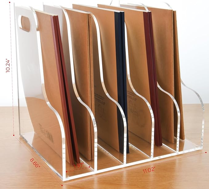 5 Vertical Compartments File Holder, Clear Acrylic Desk Organizer and Storage Bins Holding for Magazines, Binders, Notebooks, Envelopes, Multi-purpose Document Organizer for Home Office