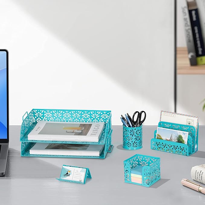 EasyPAG Desk Organizers and Accessories 5 Pieces Office Supplies Set - 2 Tier Paper Tray, Pencil Organizer for Desk, Mail Sorter Countertop, Business Card Holder and Sticky Note Holder, Dark Teal