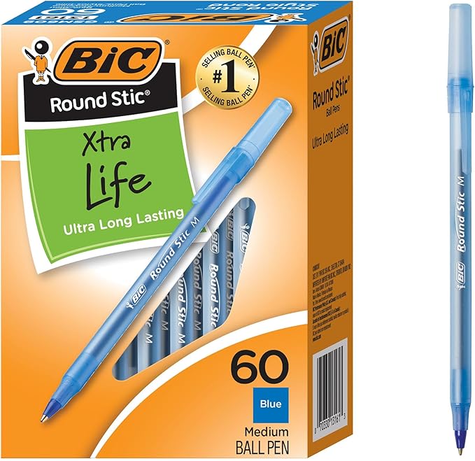 BIC Round Stic Xtra Life Ballpoint Pen with 1.0 mm Medium Point and Consistent Ink Flow, 60-Count in Blue Ink