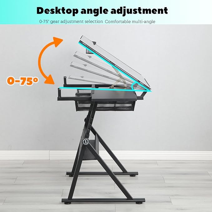 Donfafecuer Adjustable Drafting Table for Adults Professional Art Table 2 Storage Drawers Height Adjustable Home Office Reading Painting Tempered Glass Top Modern Black Design