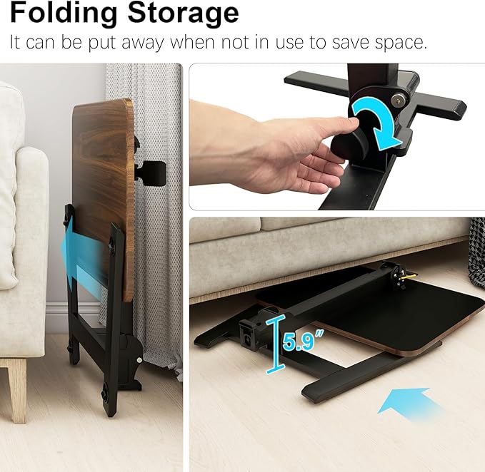 PUNCIA Adjustable Height Small Standing Desk Foldable Laptop Table with Stoppers - 90° Tiltable Rolling Computer Cart Portable Workstation Mobile Desk for Home Office Small Space Bedroom Dorm Study