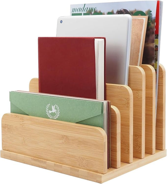 Desk File Mail Organizer Countertop, 5 Slots Bamboo Folder Sorter Holder for Letter, Envelope, Paper, Bill Filing, Desktop Tray Organizer for Office & Home