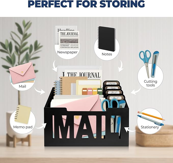 Mail Organizer Countertop – Black Holder for Desk with 4 Slots & Label Tags, Decorative Desktop Sorter, Bill Storage and Envelope Tray for Organized Home Office Accessories (11x7x8 in)