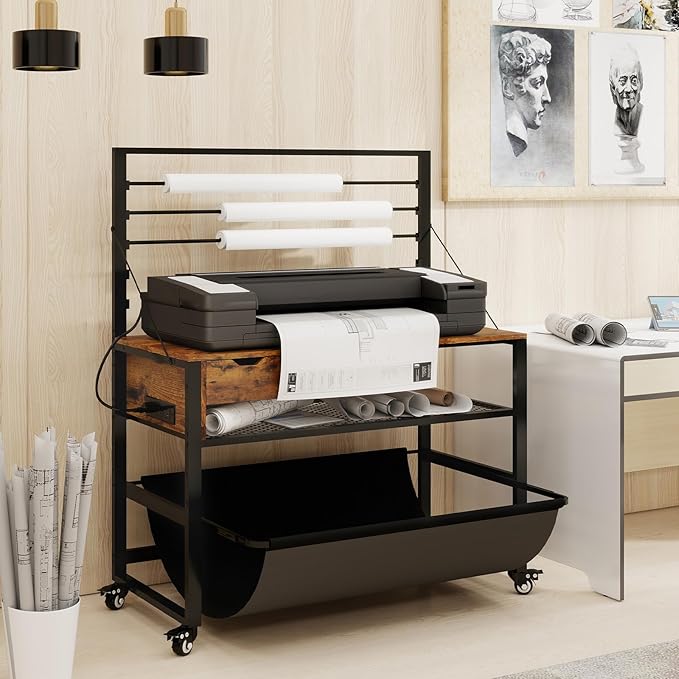 Natwind Wide Format Printer Stand, Plotter Workbench Table with Pull-Out Drafting Storage, Roll Paper Holder, Accessory Drawer, Adjustable Storage Shelf for Plotters and Cutting Machines (Retro)