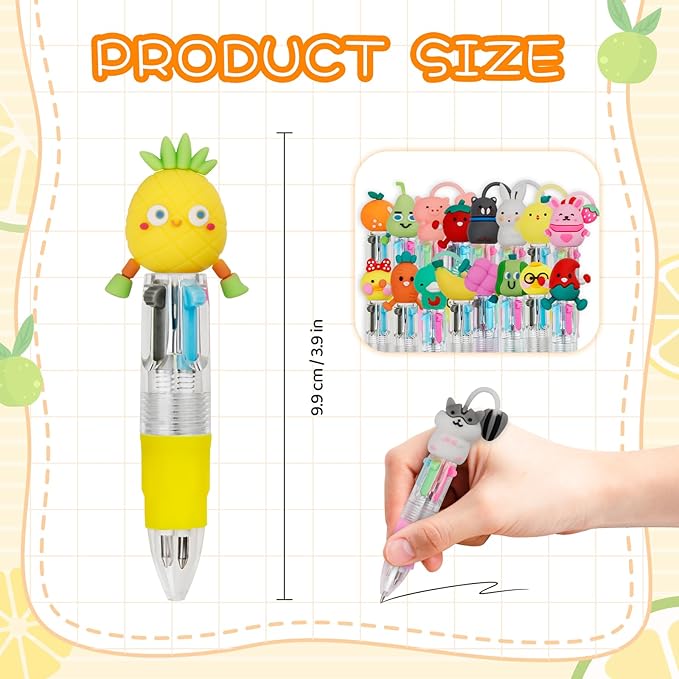 CZWZ 30Pcs Mini Multicolor Pens in One 4-in-1 Cute Pens Bulk for Kids, Ballpoint Pen for Birthdays and Children's Parties, Fun Gifts Assorted Ink Kawaii Pen(Fruits and Animals)