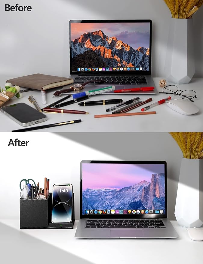 Pen Holder with Wireless Charger, Compatible with iPhone 17/16/15/14/13/12/11/8 Series, Pencil Holder Phone Stand for Desk Home Office, Men Gift Husband Wife Anniversary Dad Birthday Idea Gadget