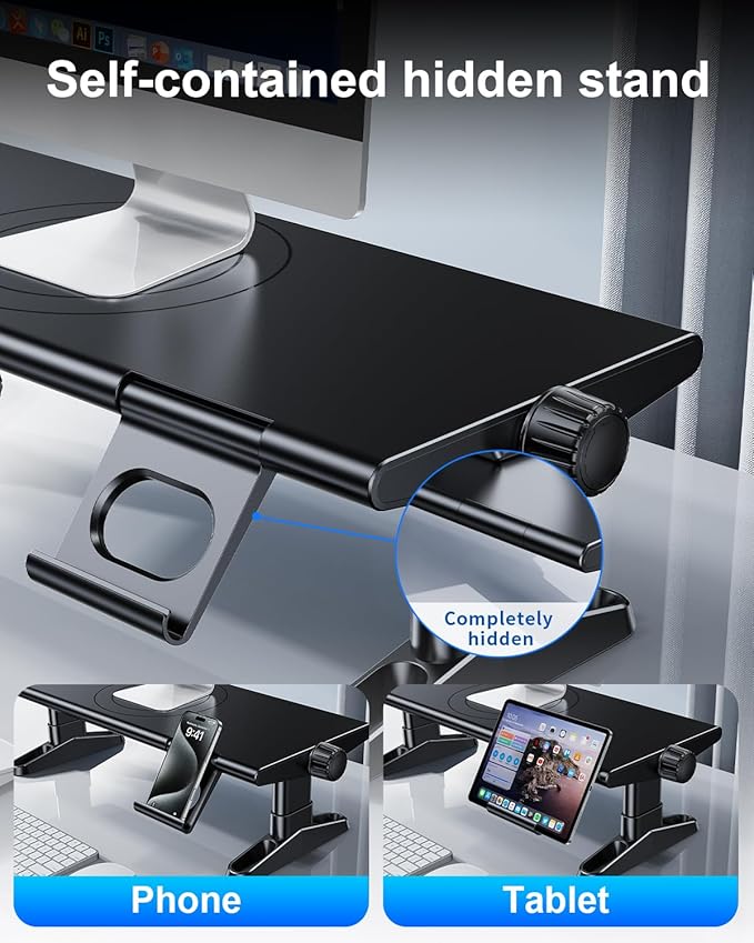 Computer Monitor Stand Riser for Desk with Usb Hub Charging,30W/5Gbps Usb C Docking Station with Power,4.4-5.7''Freely Height Adjustable with Phone Holder,Monitor Stands Riser for PC,Laptop,Printer,TV