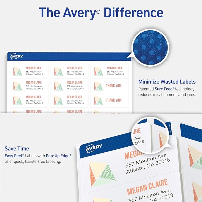 Avery Easy Peel Printable Address Labels with Sure Feed, 1" x 2-5/8" Customizable Stickers, White, 7,500 Blank Mailing Labels, Great for Mailing, Shipping, and More (45160)