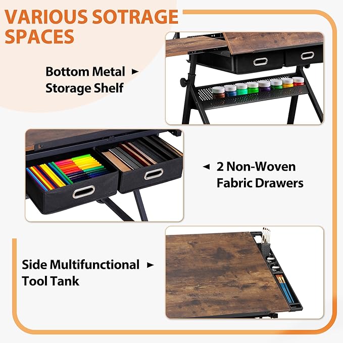 Drafting Table Drawing Desk w/Power Outlet, Art&Craft Work Station Height Adjustable Tilting Tabletop Craft Table Desk w/Stool and 2 Storage Drawers for Home Office, Rustic Brown