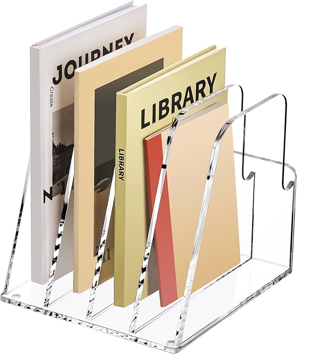 YUXUN Acrylic Magazine Holder,Clear Desk Organzier Workspace Organizers with 4 Vertical Compartments File Sorter for Magazine,Notebooks, Envelopes,Comic Coloring Book Storage(6.6 X 7.2 X 6.7 Inch)