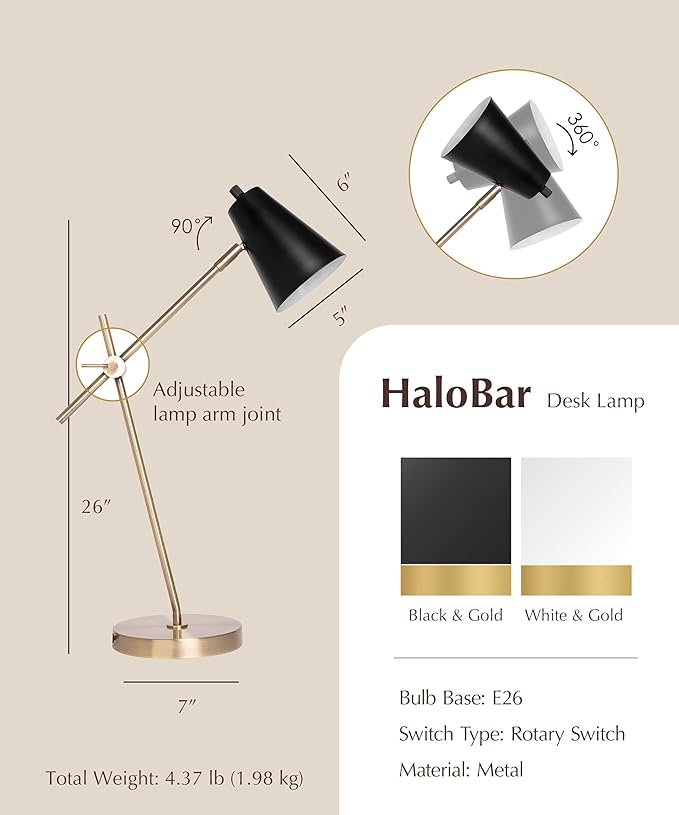 HarvestLand HaloBar Brass Desk Lamp Home Office – Black Industrial Table Lamp with Solid Base for Office, Reading Lamps for Bedside Table, Study and Reading Task Lamp, Gifts for Men