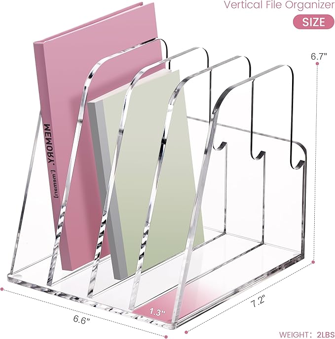 YUXUN Acrylic Magazine Holder,Clear Desk Organzier Workspace Organizers with 4 Vertical Compartments File Sorter for Magazine,Notebooks, Envelopes,Comic Coloring Book Storage(6.6 X 7.2 X 6.7 Inch)