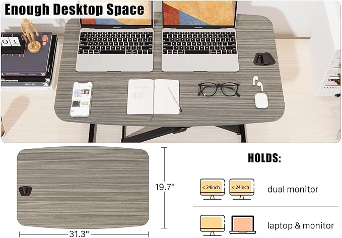 JOY worker Standing Desk Converter, 31 Inch Compact Height Adjustable Stand up Desk Riser, Ultra Low Profile Sit to Stand Workstation for Laptop Riser Workstation, Grey