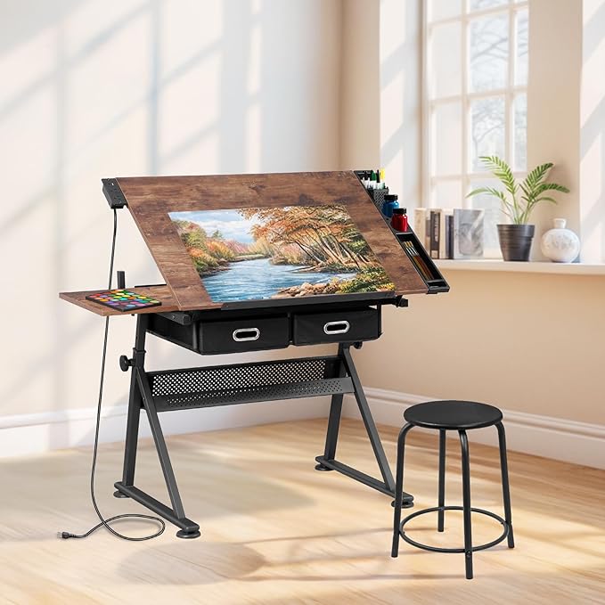 Drafting Table Drawing Desk w/Power Outlet, Art&Craft Work Station Height Adjustable Tilting Tabletop Craft Table Desk w/Stool and 2 Storage Drawers for Home Office, Rustic Brown