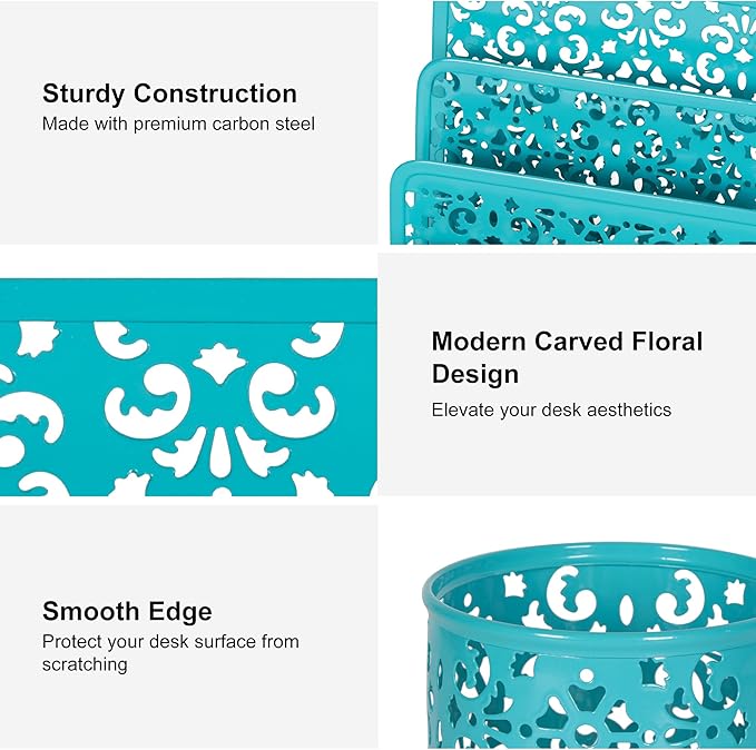 EasyPAG Desk Organizers and Accessories 5 Pieces Office Supplies Set - 2 Tier Paper Tray, Pencil Organizer for Desk, Mail Sorter Countertop, Business Card Holder and Sticky Note Holder, Dark Teal