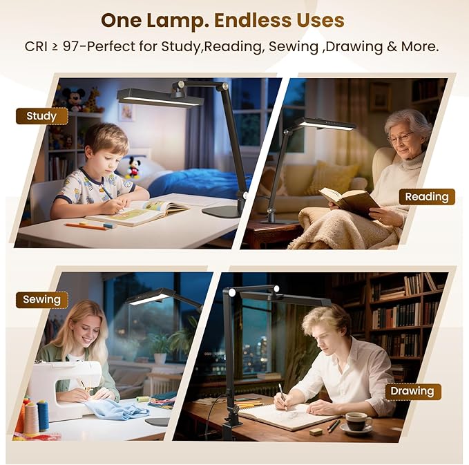 LIONVISON Desk Lamps for Home Office: 2 in 1 Eye-Caring Modern LED Desk Lamp for Worker - 5 Color Temperature 10 Brightness Computer Light - Memory & Timer Func Desk Light for Student, Seniors