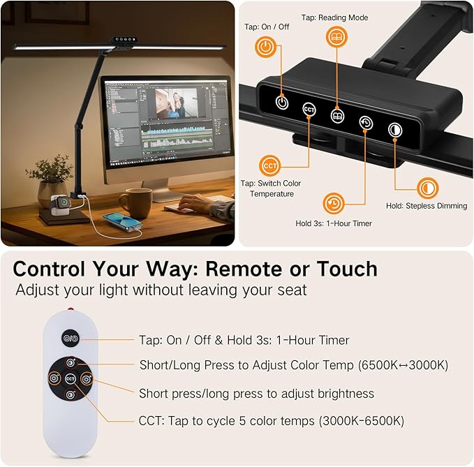 OUTON 29.5" LED Desk Lamp with Clamp, USB-A & USB-C Ports, Touch & Remote Control, 5 Color Temperatures, Stepless Dimming, Timer & Memory Function, 24W Eye-Care Monitor Light for Home Office & Study