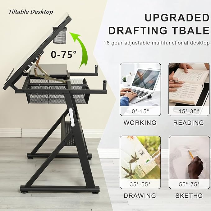 Drafting Table with Stool, Upgraded Hand Crank Height Adjustable Drawing Table Art Table Painting Table Art Craft Desk with 0-75° Tilting Glass Tabletop for Home Office, Black