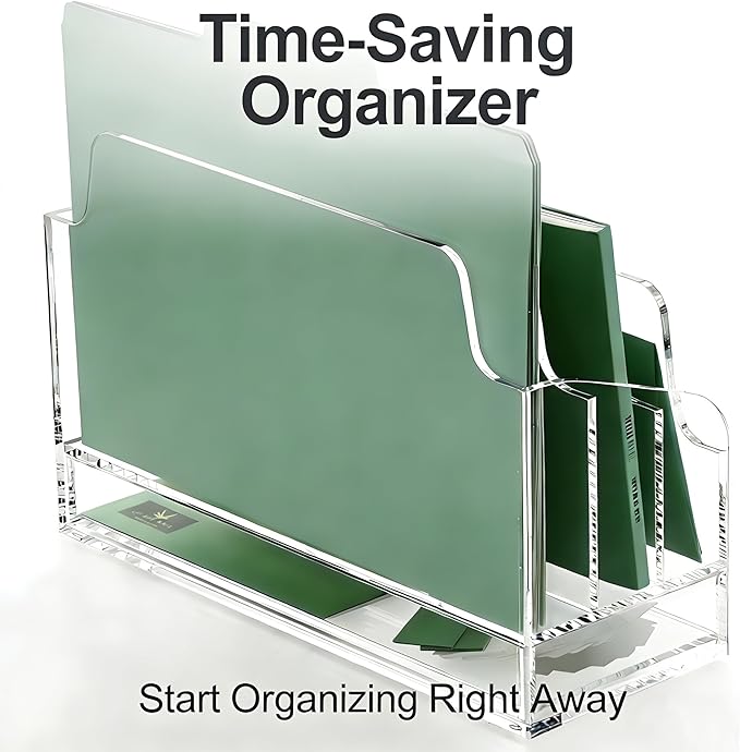 YUXUN Acrylic Mail Organizer for Desk - Transparent 3-Compartment Letter Sorter with Drawer, Clear Desktop File Holder for Office, Home, Classroom