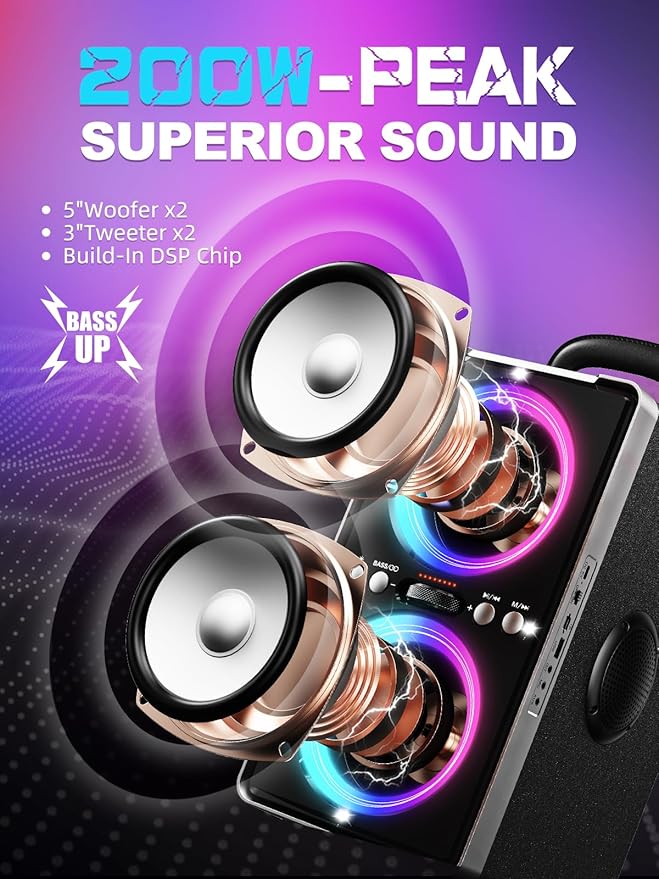 Bluetooth Speaker, 200W Peak Loud Stereo with Big Bass, 20H Playtime, TWS, Fast Charging, Portable Handle, Wireless Large Boombox Bocina with LED Light for Party Outdoor Backyard Camping