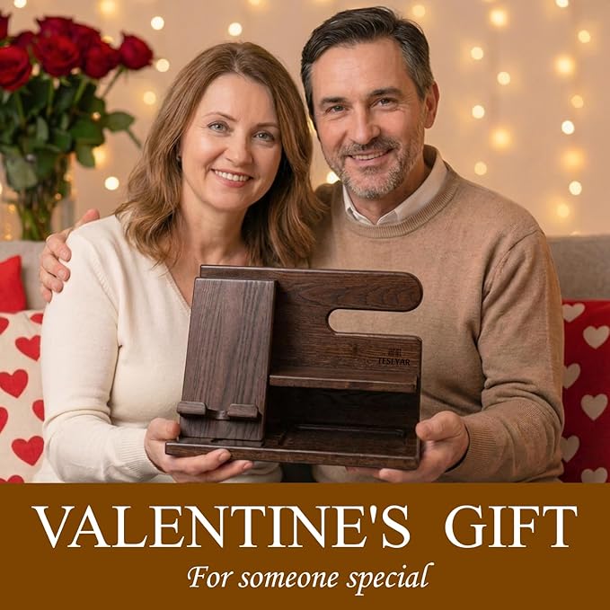 TESLYAR Wood Phone Docking Station for Men - Desktop or Nightstand Organizer - Birthday Gifts for Men, Dad - Anniversary Idea from Wife - Key Holder, Stand Wallet, Watch & Essentials (Bourbon Brown)