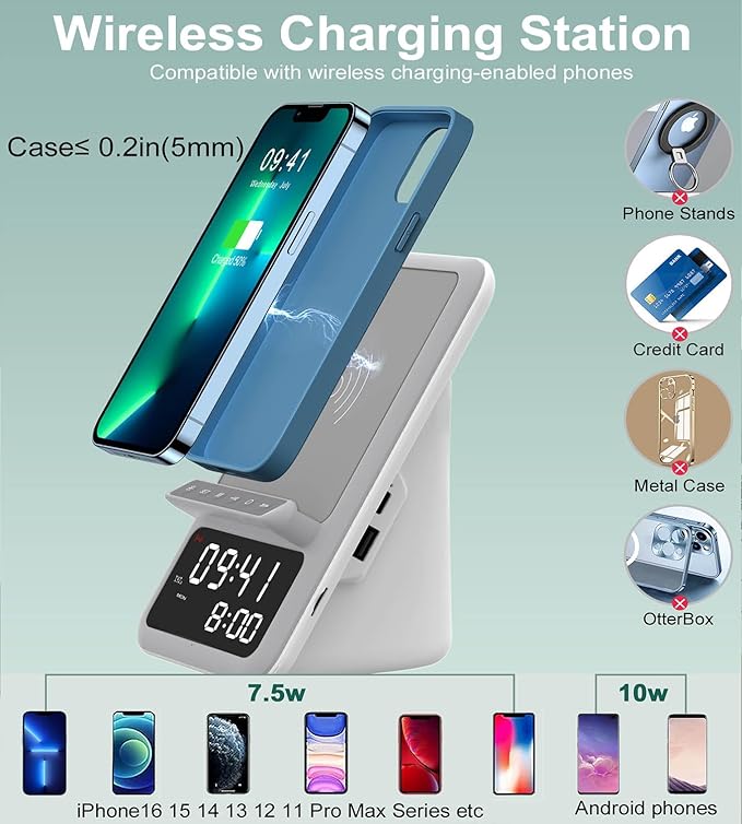 AFK Wireless Charging Station with Bluetooth Speaker and Alarm Clock,Wireless Charger Compatible with iPhone,Android Phones (Gray-White)