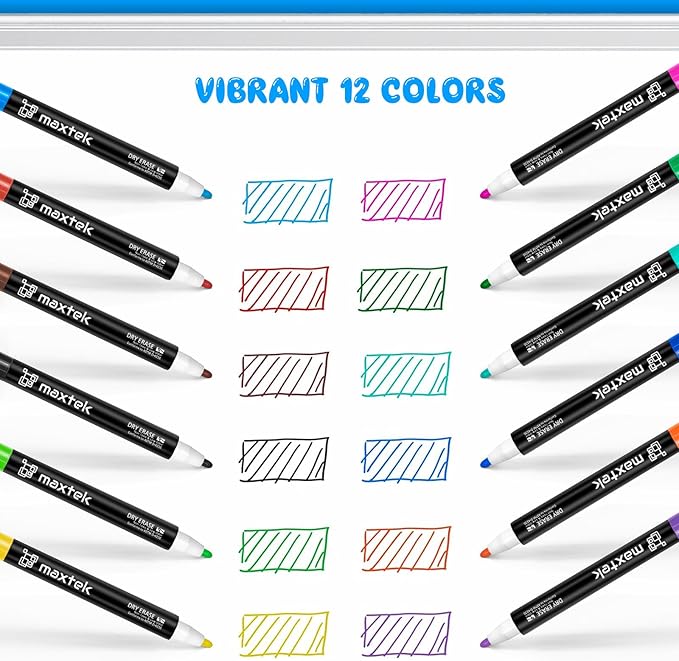 maxtek 60 Count Magnetic Dry Erase Markers, Fine Tip, 12 Colors, Low Odor Whiteboard Markers with Built-in Eraser