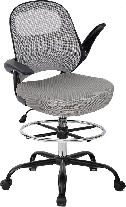 HYLONE Tall Drafting Chair Standing Desk Chair with Flip-Up Armrests, Adjustable Height Ergonomic Office Chair with Footrest Ring - High Stool Chair for Standing Desk（Grey）