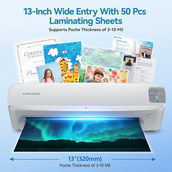13 inch 4 Roller Thermal Laminator Machine, 3-10 Mil 60-Second Warm-up A3 Commercial Laminating Machine with 50 Sheets, LOTHANEK Heavy Duty Laminating Machine for Home, School Office Teacher Use