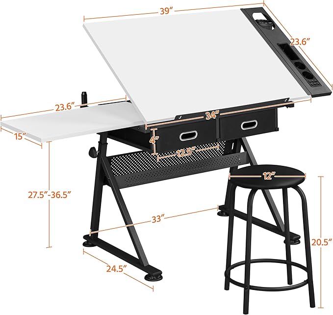 Yaheetech Height Adjustable White Art Desk for Adults, Tilting Tabletop Drafting Drawing Table with Extra Large Desktop and Drawers, Foldable Stand up Craft Painting Table and Chair Set with Stools