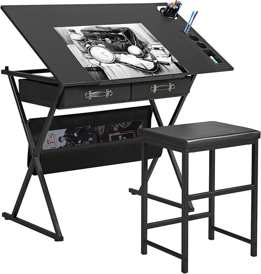 VECELO Drafting Table Art Desk Art Table Adjustable Drawing Table Tilted Tabletop with 2 Storage Drawers and Stool, Drawing Desk for Artist Painters Drawing, Crafting, Reading, Writing, Black