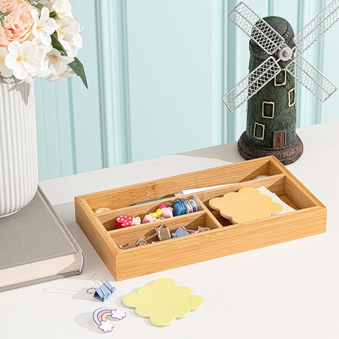 Weysat Irregular 4 Slots Bamboo Wood Desk Drawer Organizer 11"x6" Office Desk Organizer Tray Drawer for Office Supplies Makeup Jewelry Vanity