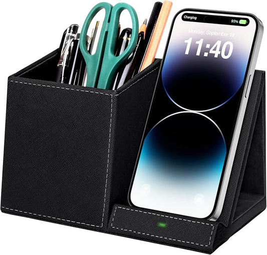 Pen Holder with Wireless Charger, Compatible with iPhone 17/16/15/14/13/12/11/8 Series, Pencil Holder Phone Stand for Desk Home Office, Men Gift Husband Wife Anniversary Dad Birthday Idea Gadget