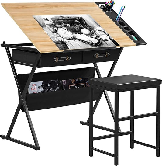 VECELO Drafting Table Art Desk Art Table Adjustable Drawing Table Tilted Tabletop with 2 Storage Drawers and Stool, Drawing Desk for Artist Painters Drawing, Crafting, Reading, Writing, Natural