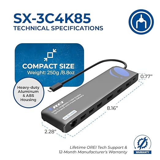 OREI SplitExtend 4K Splitter Extended Display Triple Monitor 2, 1 DisplayPort Docking Station 4 Separate Screens - USB-C to HDMI Adapter, 100W PD LAN, 4 USB 3.0, MircoSD, Windows, Mac OS