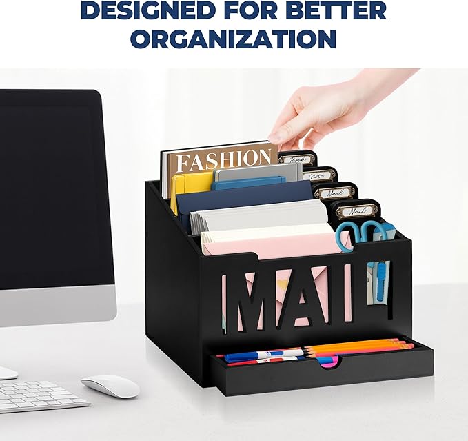 Mail Organizer Countertop – Black Holder for Desk with 4 Slots, Drawer & Label Tags, Decorative Desktop Sorter, Envelope Tray for Home Office Organization (11x7x9.5 in)