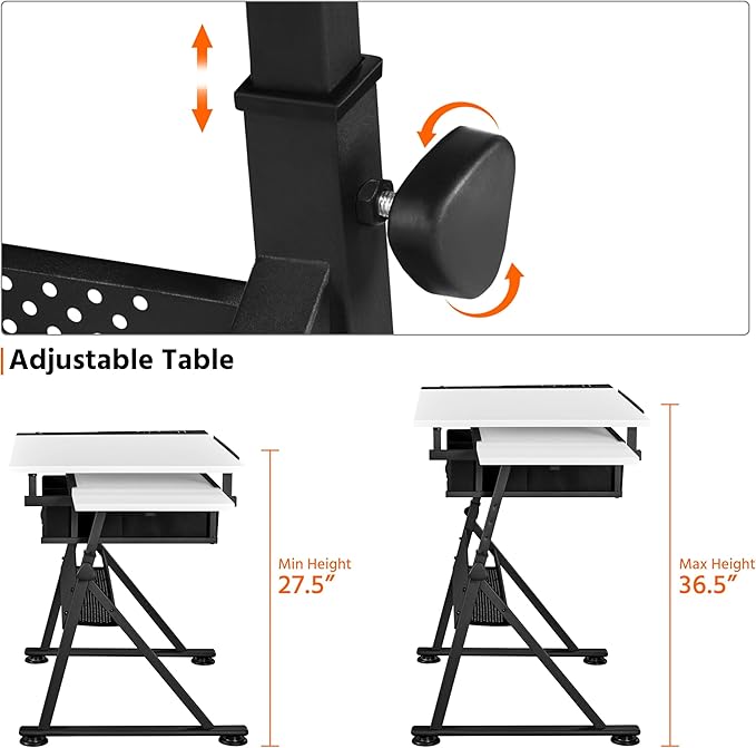 Yaheetech Height Adjustable White Art Desk for Adults, Tilting Tabletop Drafting Drawing Table with Extra Large Desktop and Drawers, Foldable Stand up Craft Painting Table and Chair Set with Stools