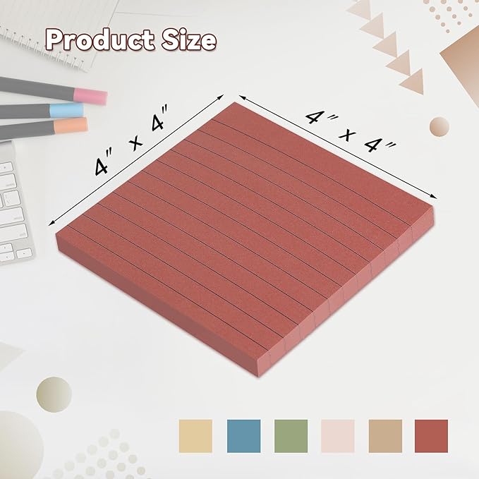 (12 Pack) Lined Sticky Notes 4x4 in, Vintage Colors Self Sticky Notes Pad Its Super Sticking Power Memo Pads, 4x4 Large Square Sticky Notes for Office, Home, School, Meeting