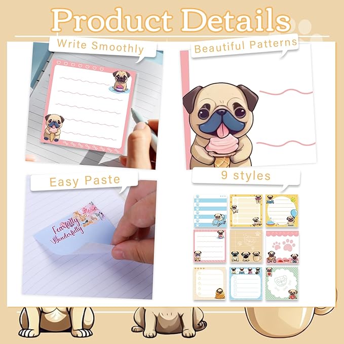 Pug Sticky Notes Gifts - 9 Pack Pug Notepads 3x3 Inch Gifts for Dog Lovers, Cute Dog Self-Adhesive Memo Pads Office School Supplies for Friends Coworkers (450 Sheets)