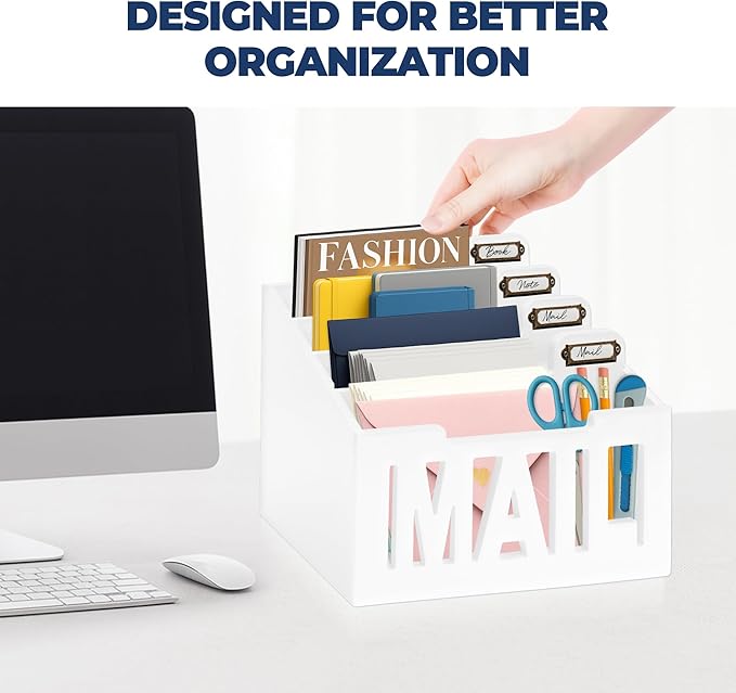 Mail Organizer Countertop – White Holder for Desk with 4 Slots & Label Tags, Decorative Desktop Sorter, Bill Storage and Envelope Tray for Organized Home Office Accessories (11x7x8 in)