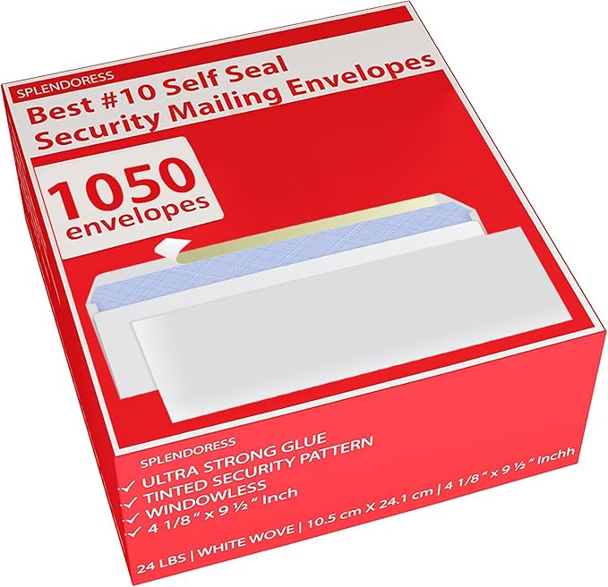 #10 Envelopes Letter Size Self Seal | 1,050 Business Mailing Security Peel and Sealing Envelope | 100% Tinted | no 10 White Windowless Legal Regular Plain Envelops Pack | 4-1/8 x 9-1/2 Inches | 24 LB