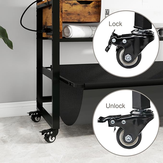 Natwind Wide Format Printer Stand, Plotter Workbench Table with Pull-Out Drafting Storage, Roll Paper Holder, Accessory Drawer, Adjustable Storage Shelf for Plotters and Cutting Machines (Retro)