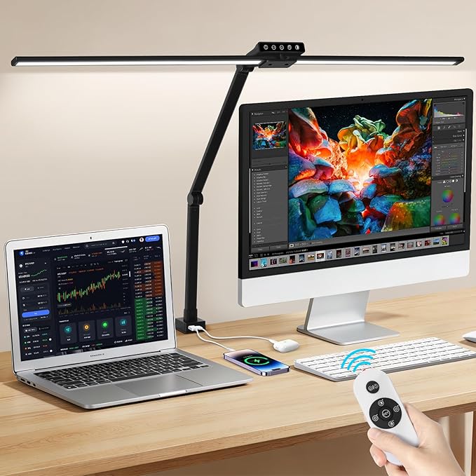OUTON 29.5" LED Desk Lamp with Clamp, USB-A & USB-C Ports, Touch & Remote Control, 5 Color Temperatures, Stepless Dimming, Timer & Memory Function, 24W Eye-Care Monitor Light for Home Office & Study