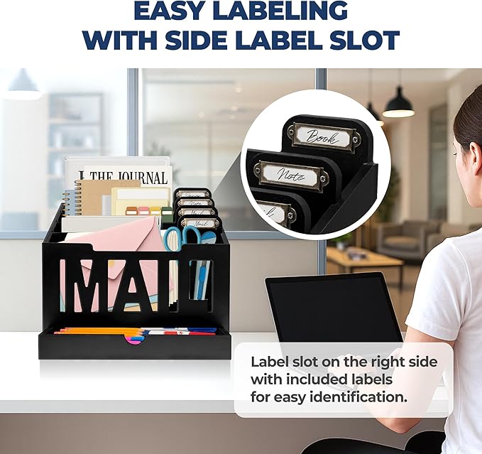 Mail Organizer Countertop – Black Holder for Desk with 4 Slots, Drawer & Label Tags, Decorative Desktop Sorter, Envelope Tray for Home Office Organization (11x7x9.5 in)