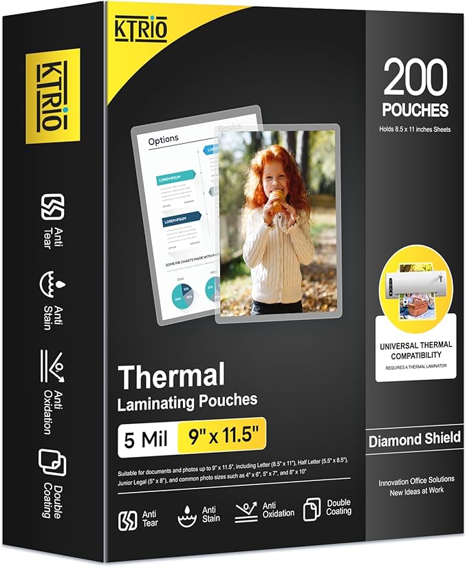 KTRIO 200 Pack Laminating Sheets 5 Mil, Hold 8.5 x 11 Inches Laminate Sheets, 9 x 11.5 Thermal Laminating Pouches for Laminator, Clear Lamination Sheets Paper, Letter Size, Office School Home Supplies