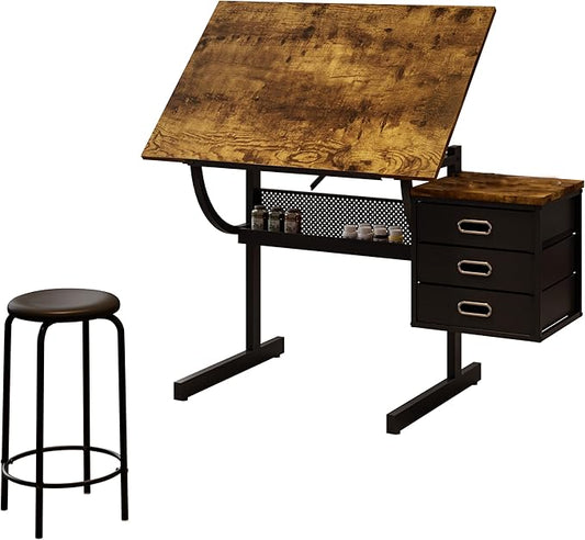 Drafting Table, Tilting Tabletop Artist Desk w/3 Storage Drawers & Stool, Craft Drawing Table for Painting, Sketching, Home Office, Art Studio, Classrooms (Wood+Black)
