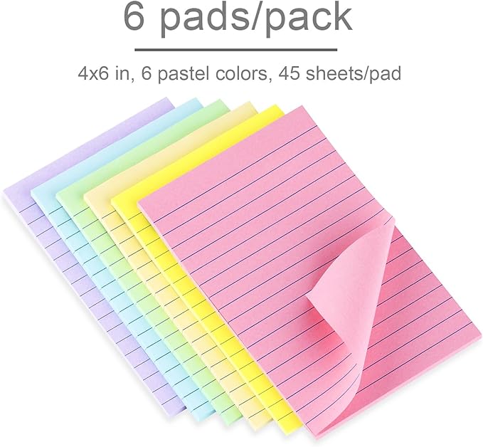 Vanpad Lined Sticky Notes 4X6 in Pastel Ruled Post Stickies Colorful Super Sticking Memo Pads Its, 45 Sheets/pad, 18 Pads/Pack