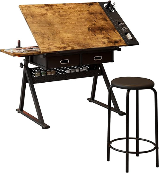 Height Adjustable Drafting Table, Tilting Tabletop Artist Desk w/2 Storage Drawers & Stool, Craft Drawing Table for Painting, Sketching, Home Office, Art Studio (Black+Wood)