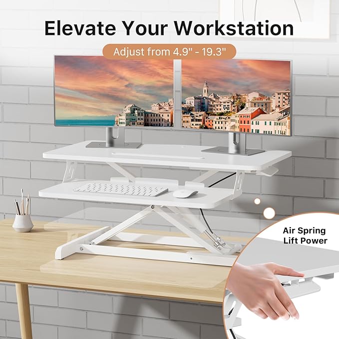 JOY worker Standing Desk Converter, 32" Wide Height Adjustable Sit Stand Up Desk Riser with Keyboard Tray, Desktop Workstation Riser for Home Office Computer Laptop, Particle Board, White